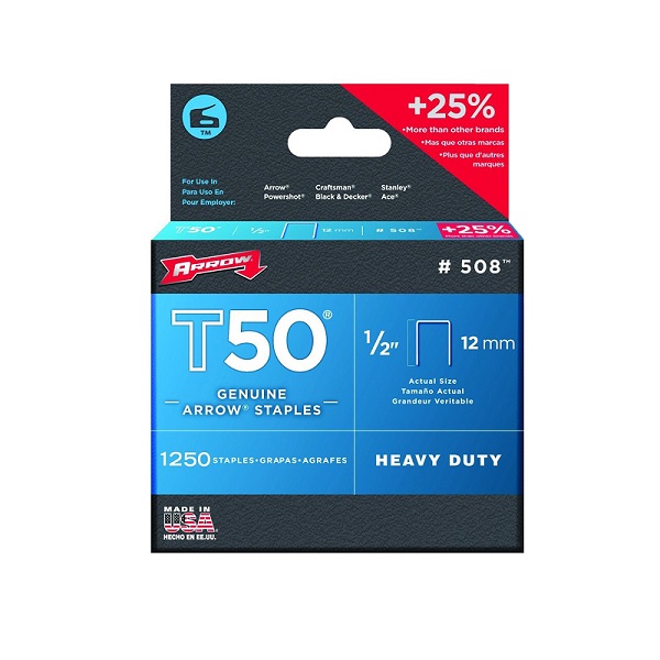 Main 1 - Arrow T50 3/8 in. W X 1/2 in. L 18 Ga. Flat Crown Heavy Duty Staples 1250 pk - Nederland